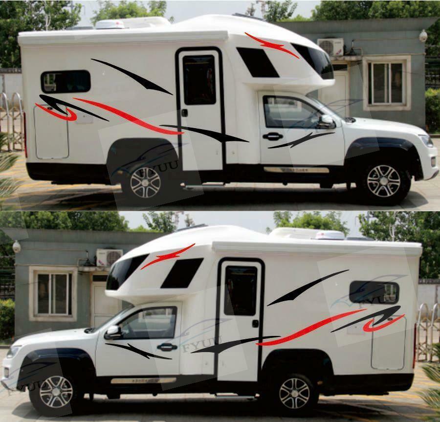 2x Car Stickers Kits Stripes Graphics Styling For Caravan Trailer RV Black + Red