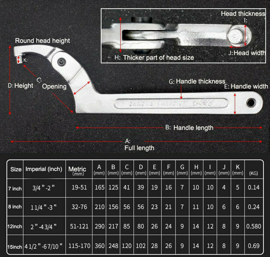 7" Adjustable Hook Wrench C Clamp Spanner Tool 19-51mm Motorcycle Suspension