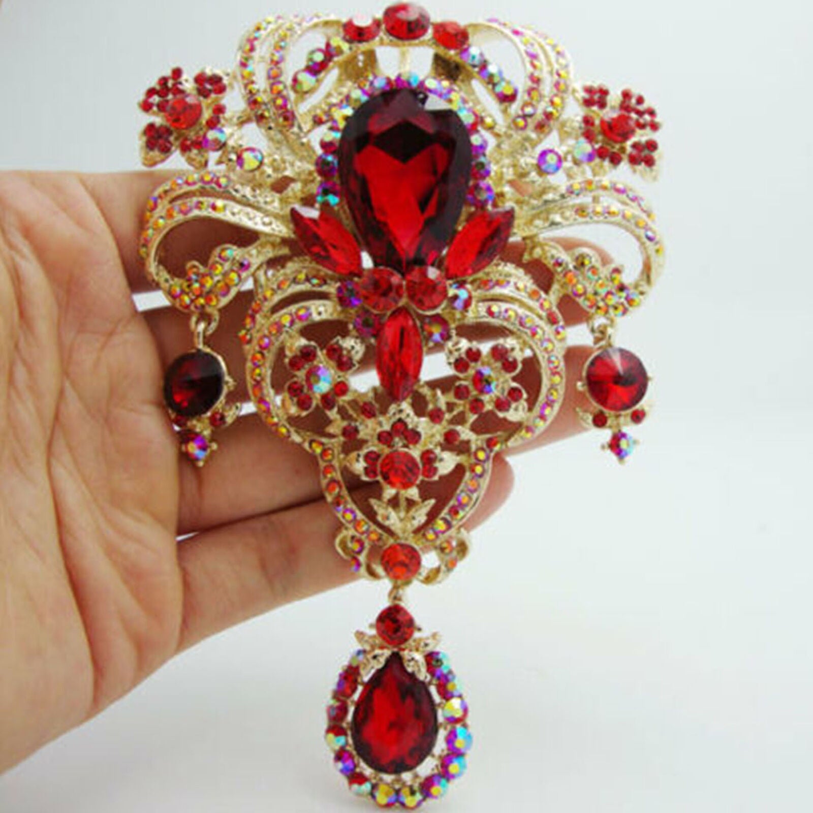 5.04" Classic style Flower drop Brooch Pin Pendant Red Crown Rhinestone Crystal