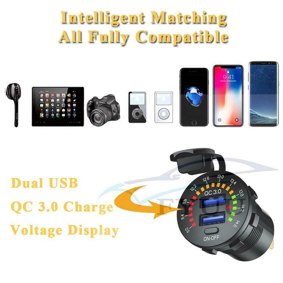 1 x QC 3.0 Car Dual USB Charger with LED Voltmeter ON OFF Switch Universal ABS