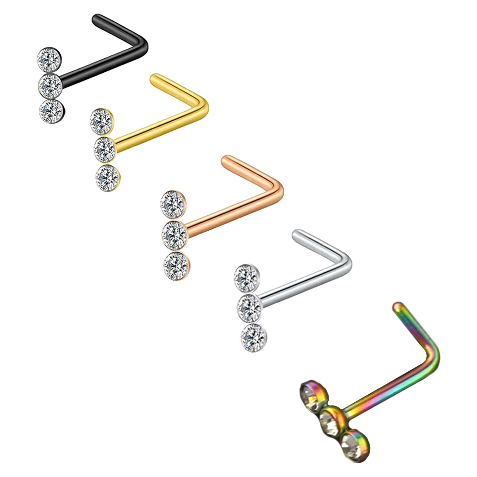 5 Pieces Nose Stud Stainless Steel Rhinestone L-Shape Screw Mixed Color 7mm