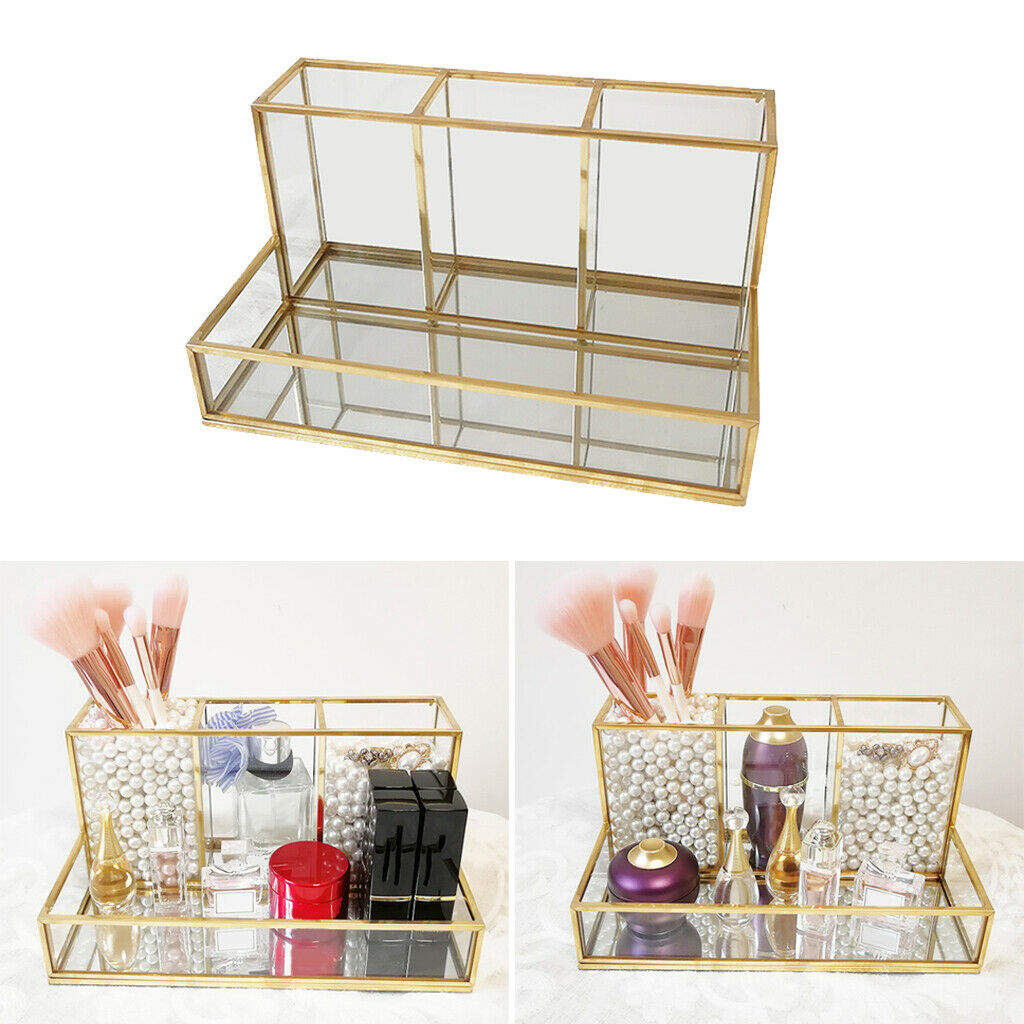 Clear Glass Make Up Brush Storage Organiser Case Display Lipstick Holder Tray