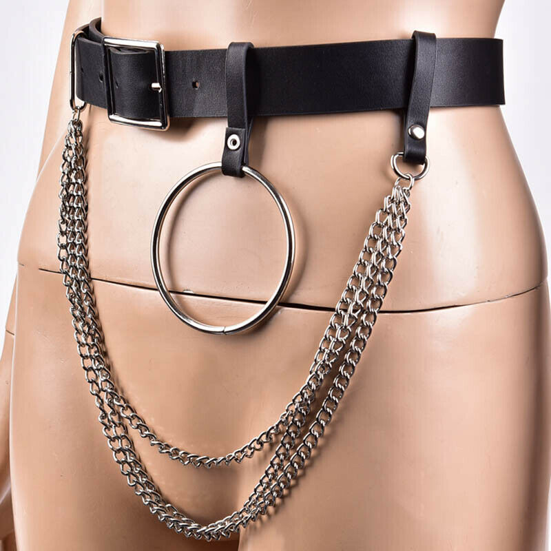 Women Punk Tree Layers Chain Ring Belt Adjustable Black Leather Buckle .DD