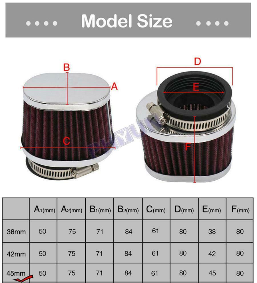 2x Motorcycle Air Filter High Flow Air Filter Air Cleaner 1.77 inch Universal