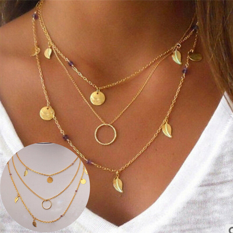 Bohemian Leaf Crystal Necklace Multilayer Long Necklace Women Pendant Neck.l8