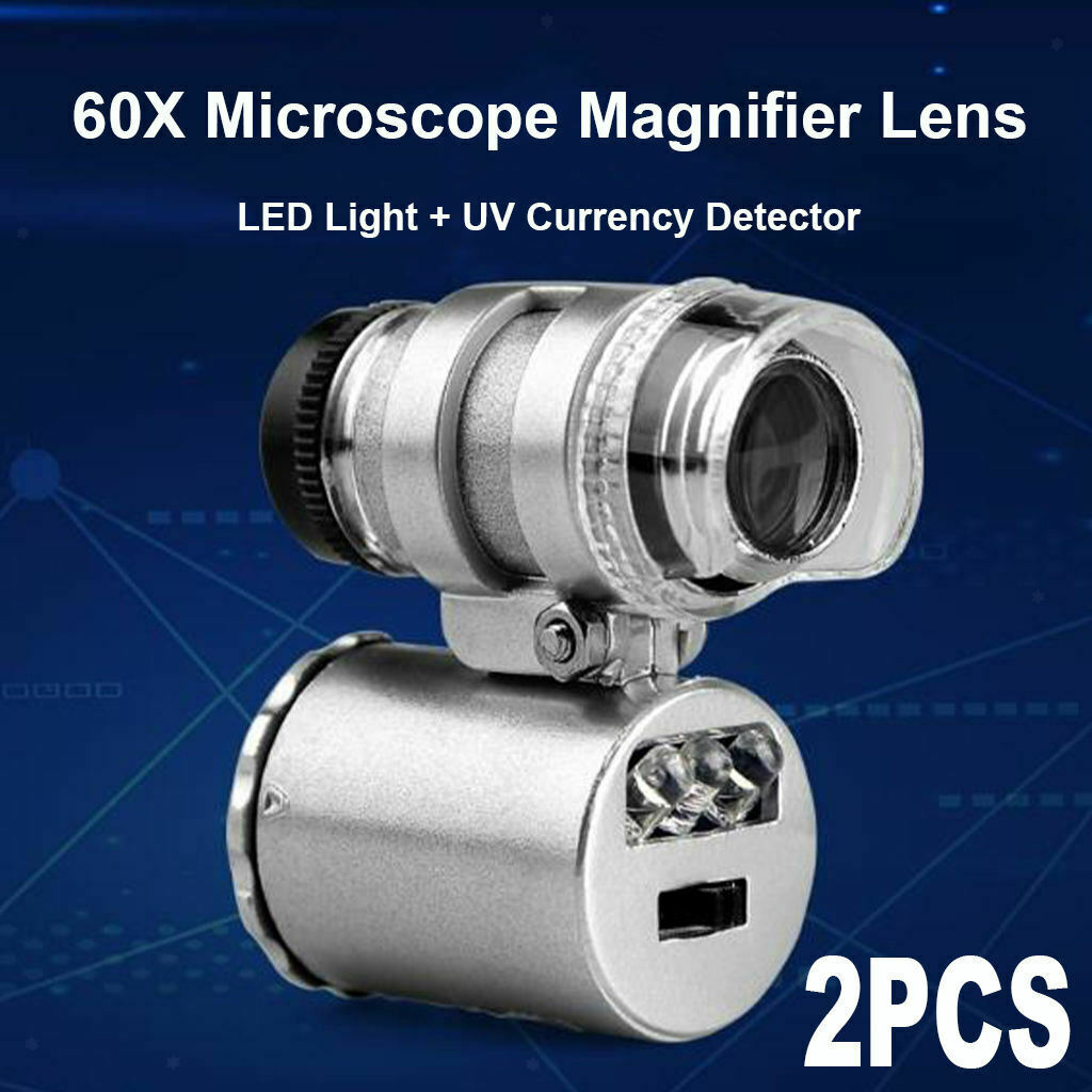2pcs 60X Pocket Magnifier Miscroscope Jewelry Eye Loupe Currency Detector