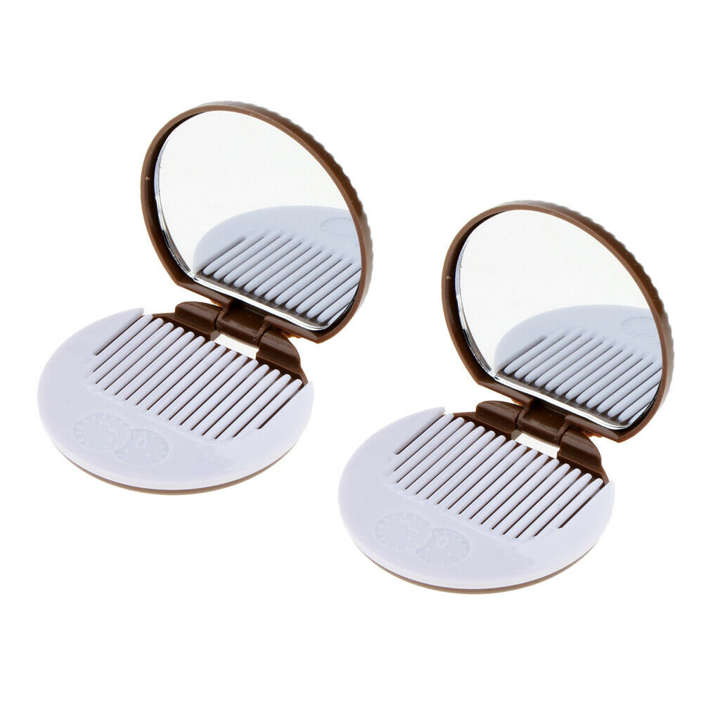 2 Round Folding Makeup Mirror Compact with Comb Pocket Biscuit Size Cute Brown