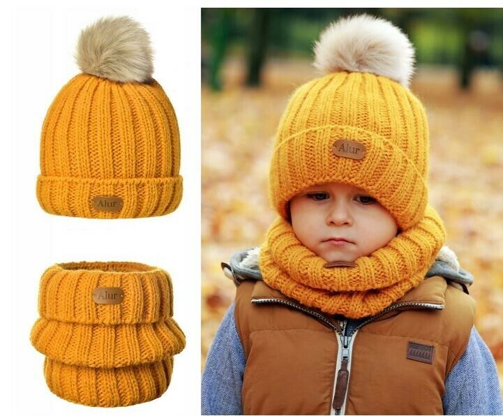 Children Winter Knit Hats Girls Beanie Hat Kids Cap Scarf Set Warm Neck Orange