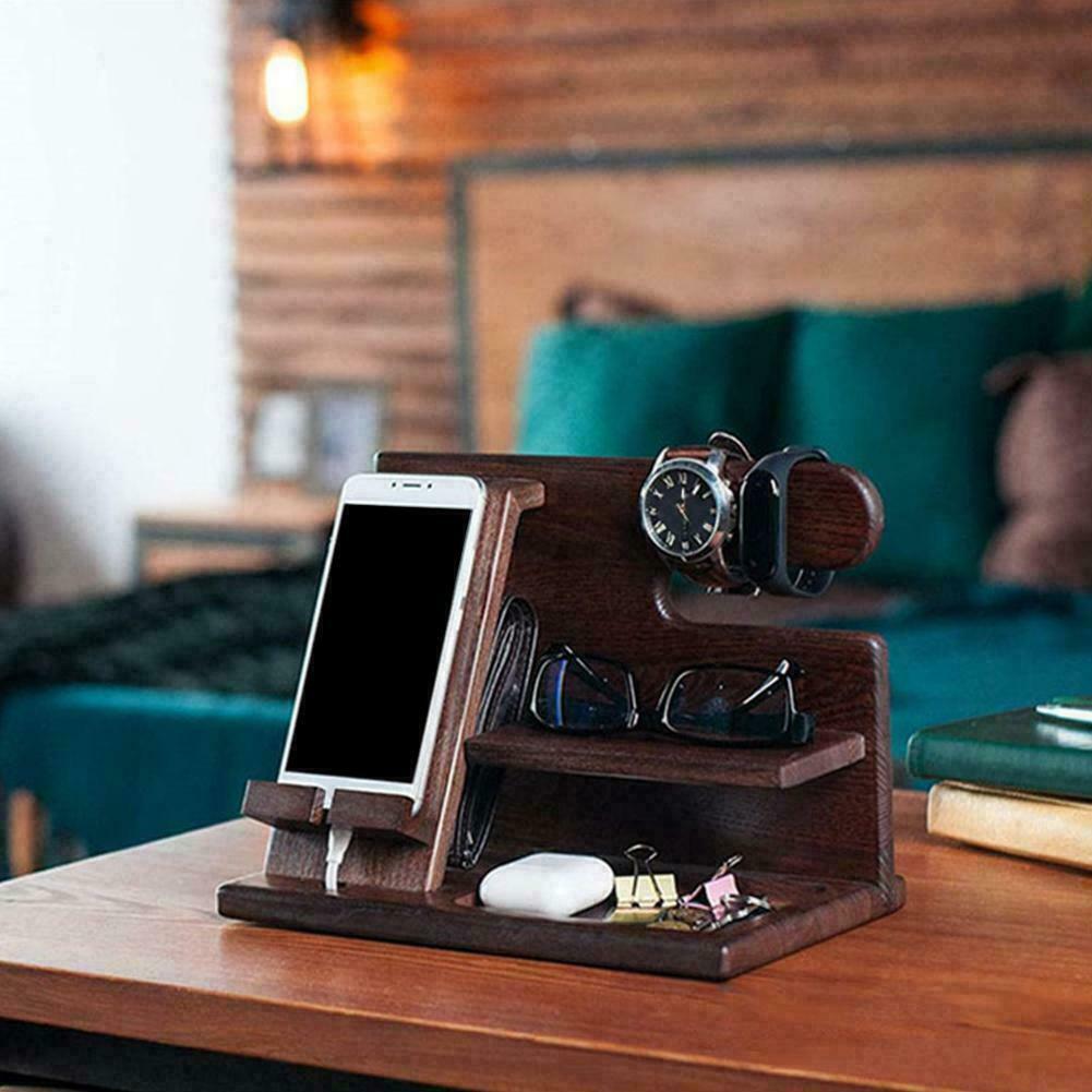 Wood Phone Docking Station Key Holder Wallet Stand Organizer 7T6T J5G Watch W3D8