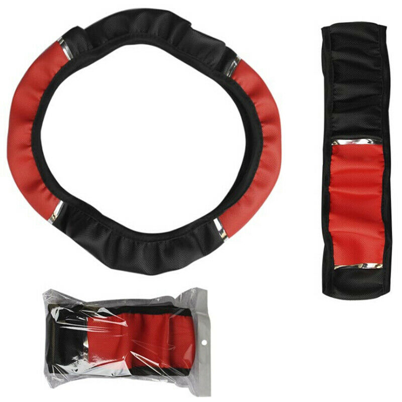Universal 15" 38cm Leather Black Red Auto Car Steering Wheel Cover Non-sl.l8