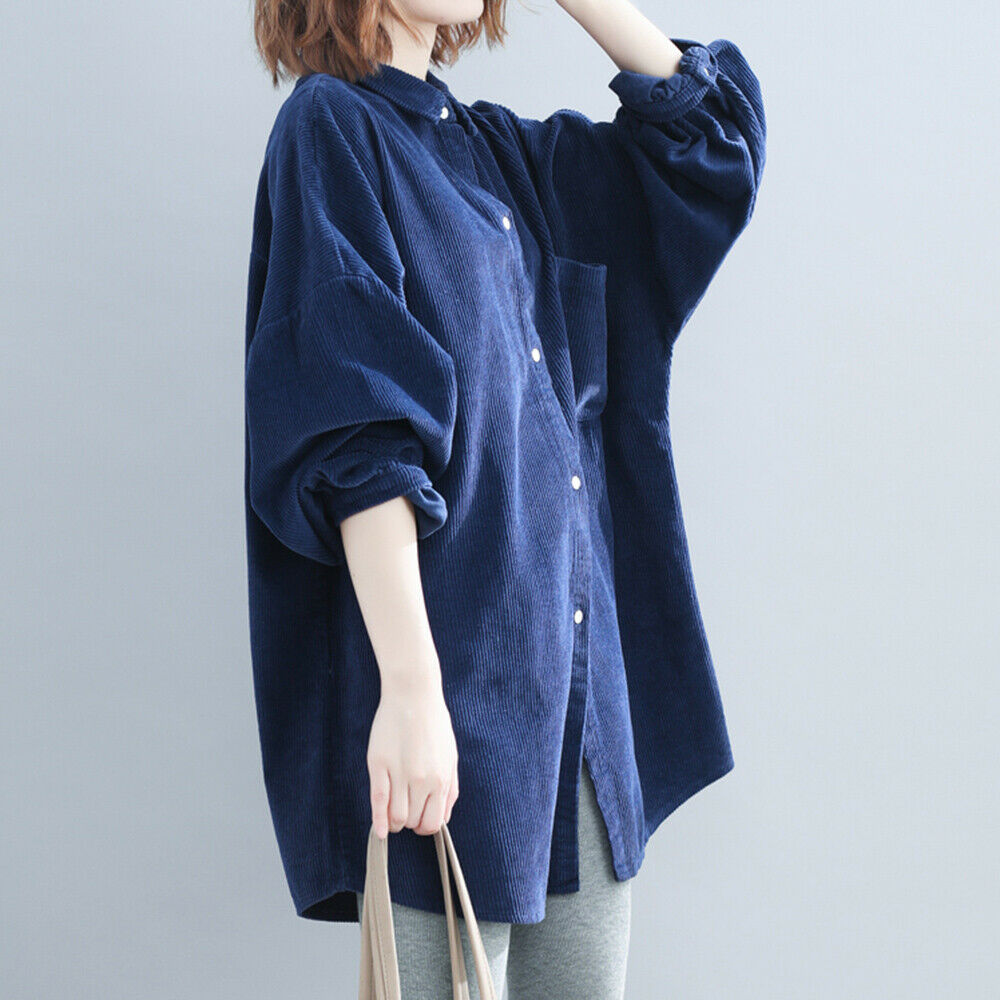 Womens Lady Corduroy Long Sleeve Shirt Oversized Loose Longline Cord Blouse Top