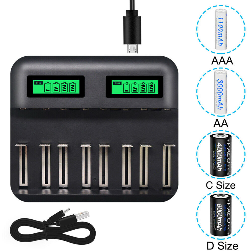 8 Slots LCD Display Usb Smart Battery Charger For D/C/AA/AAA Size Rechargeable