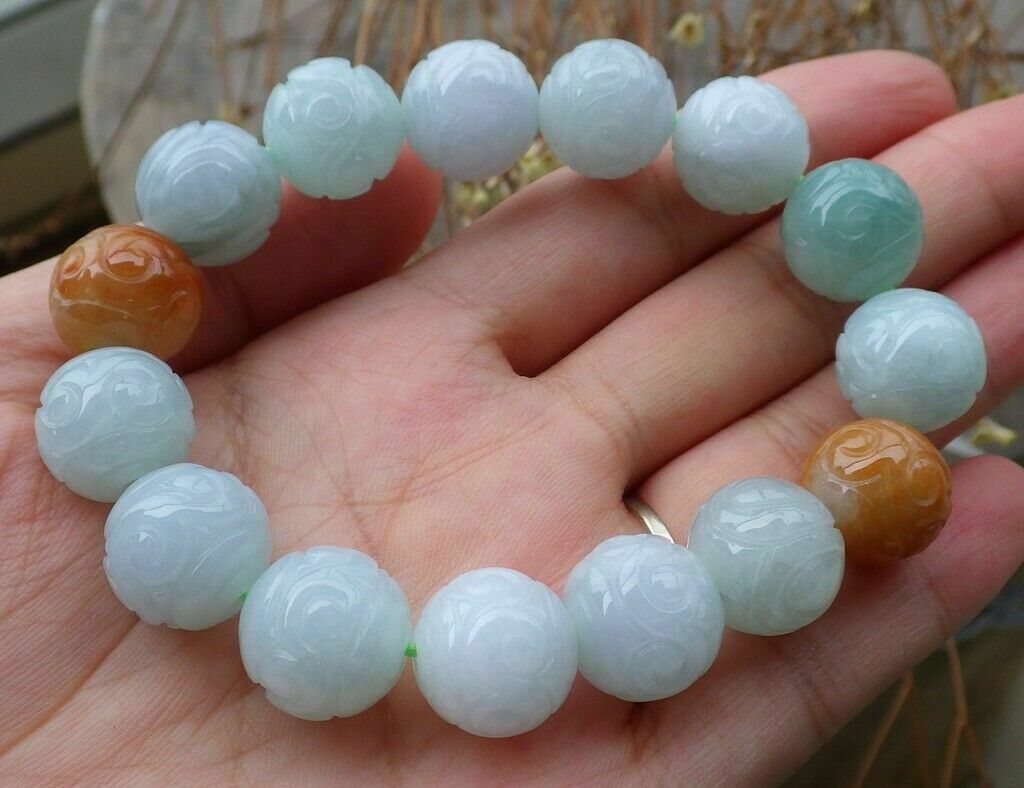13MM Certified 100% Natural A JADE JADEITE Flower Bead Bangle Bracelet 7.5"AA++