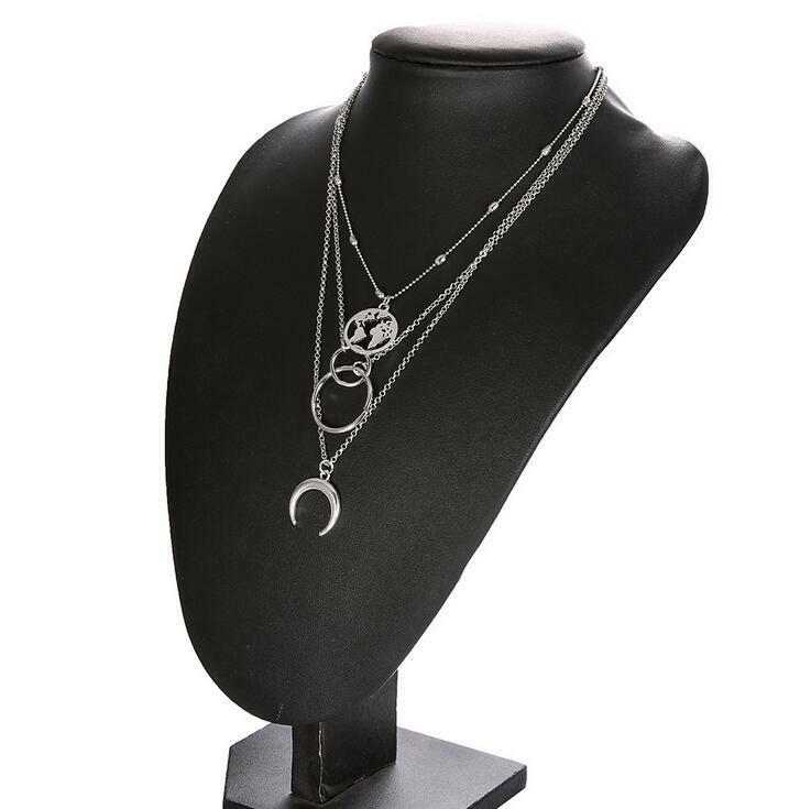Women Fashion Moon World Map Circle Pendant Multilayer Necklace Jewelry Gifts