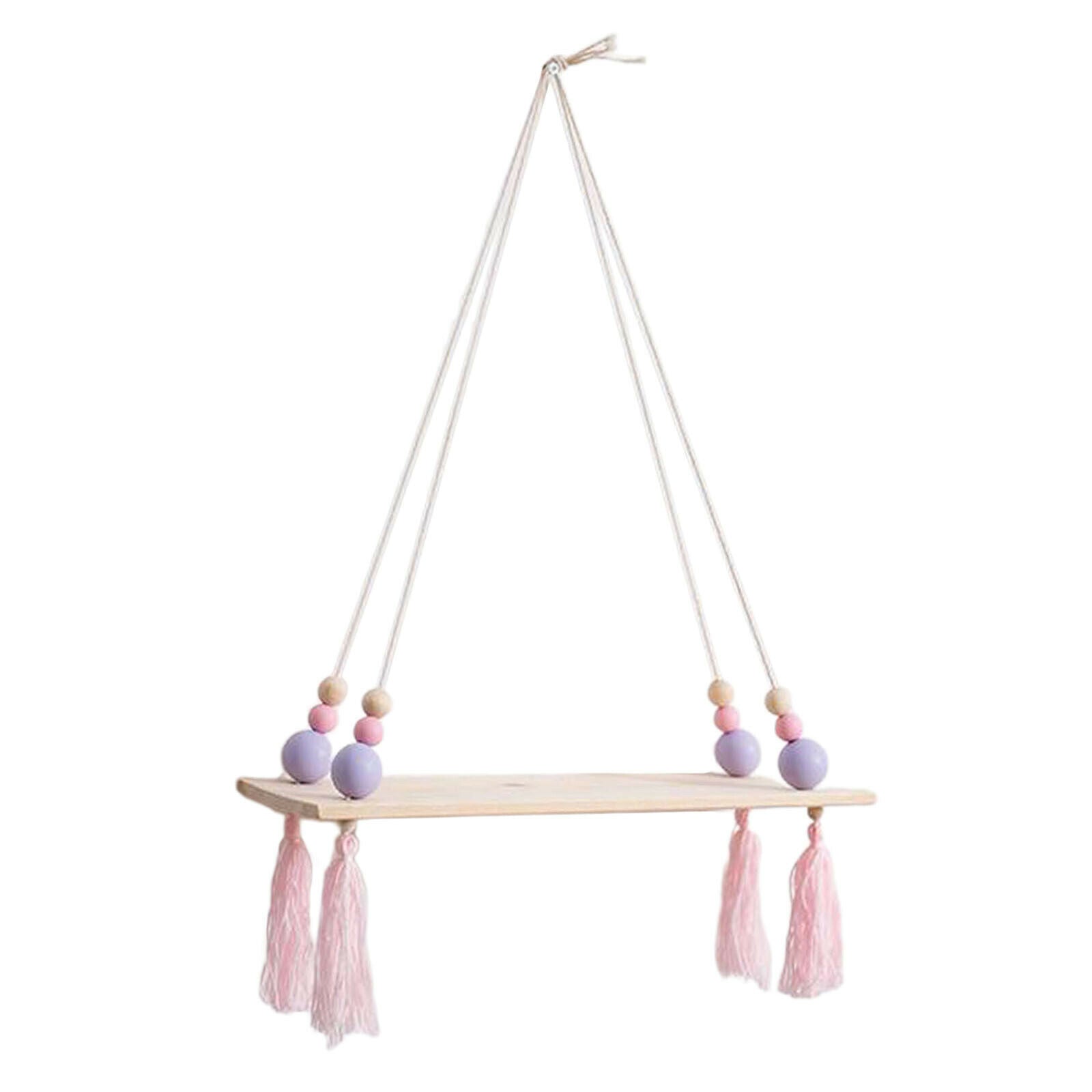 Wooden Wall Shelf Rope Hanging Floating Shelf Flower Pot Stand Purple Bead