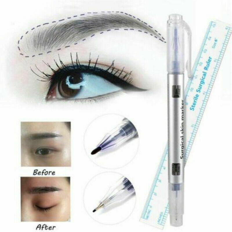 2Pcs Set Eyebrow Tattoo Surgical Skin Marker Pen Scribe Tool & Measuring Ruler L