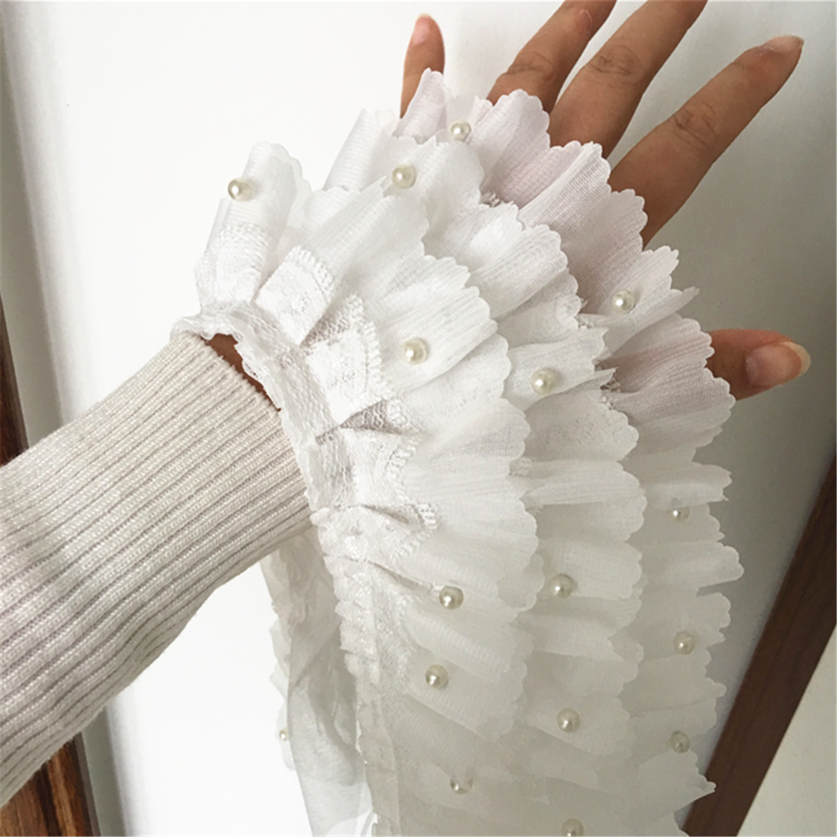 1M White Chiffon Beaded Ruffle Lace Trim 3 Layer Pleated Ribbon DIY Sewing Craft