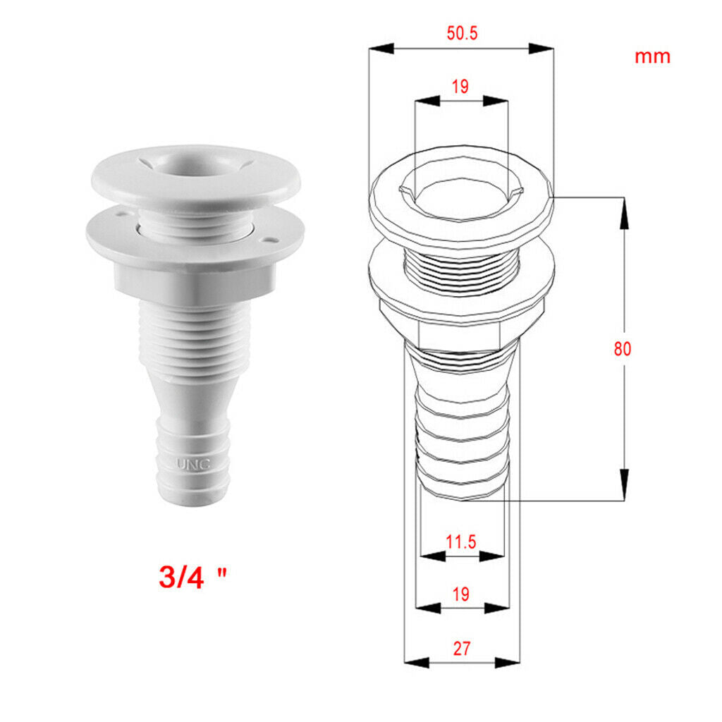 2pcs Marine White Straight Thru-Hull Connection for 3/4 & 1 Inch Hose Barb