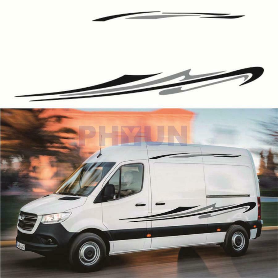 Pair Black+Gray PVC Car RV Side Body Decals Long Stripes Stickers Waterproof DIY