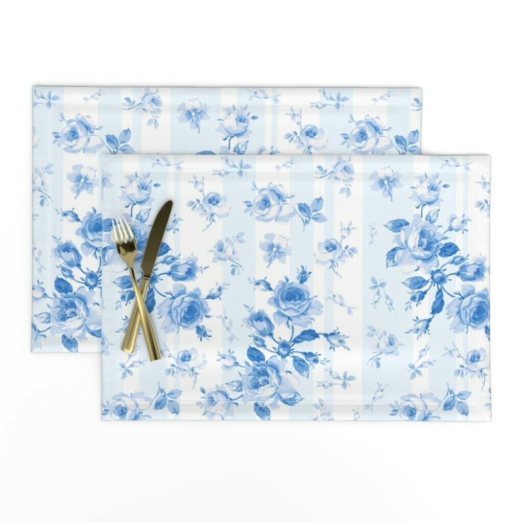 Cloth Placemats Roses Delicate Florals Stripes Blue Set of 2