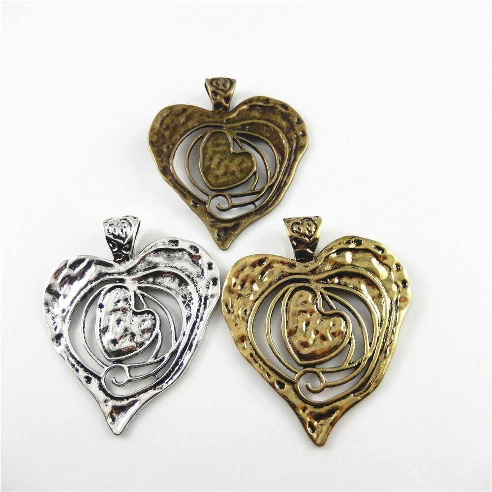 Lot of 3 Retro Metal Big Heart Pendant Charm Drop Dangle Alloy For Craft 70*64mm