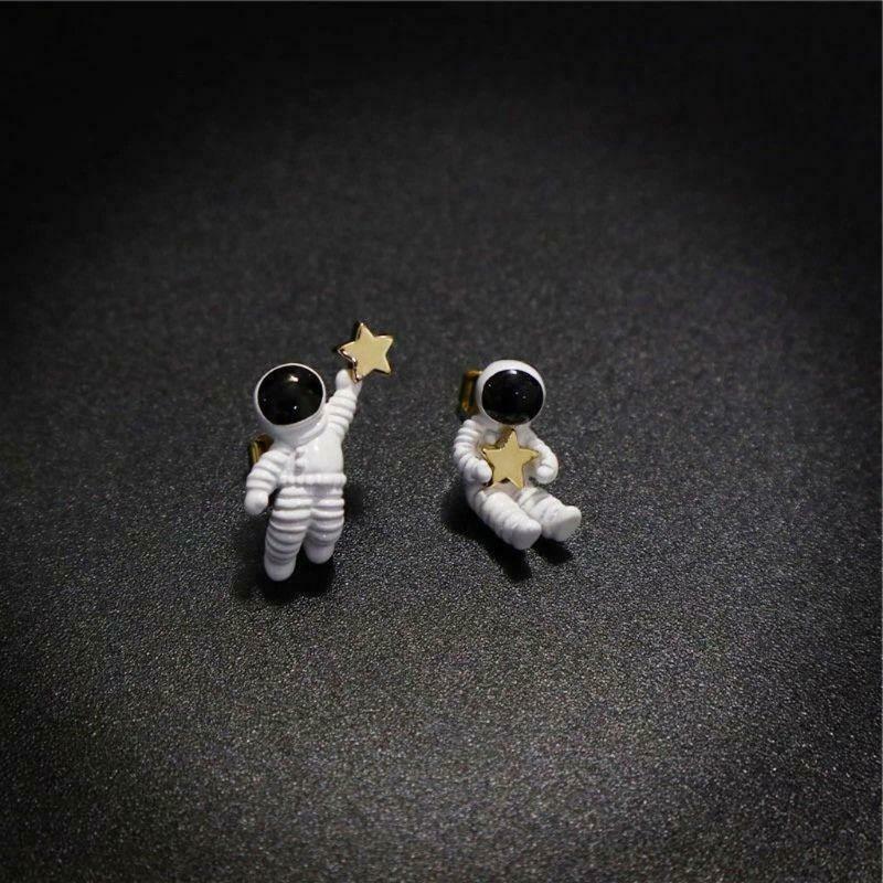Cute Starry Sky Space Star Asymmetrical Astronaut Small Stud Earrings for Women