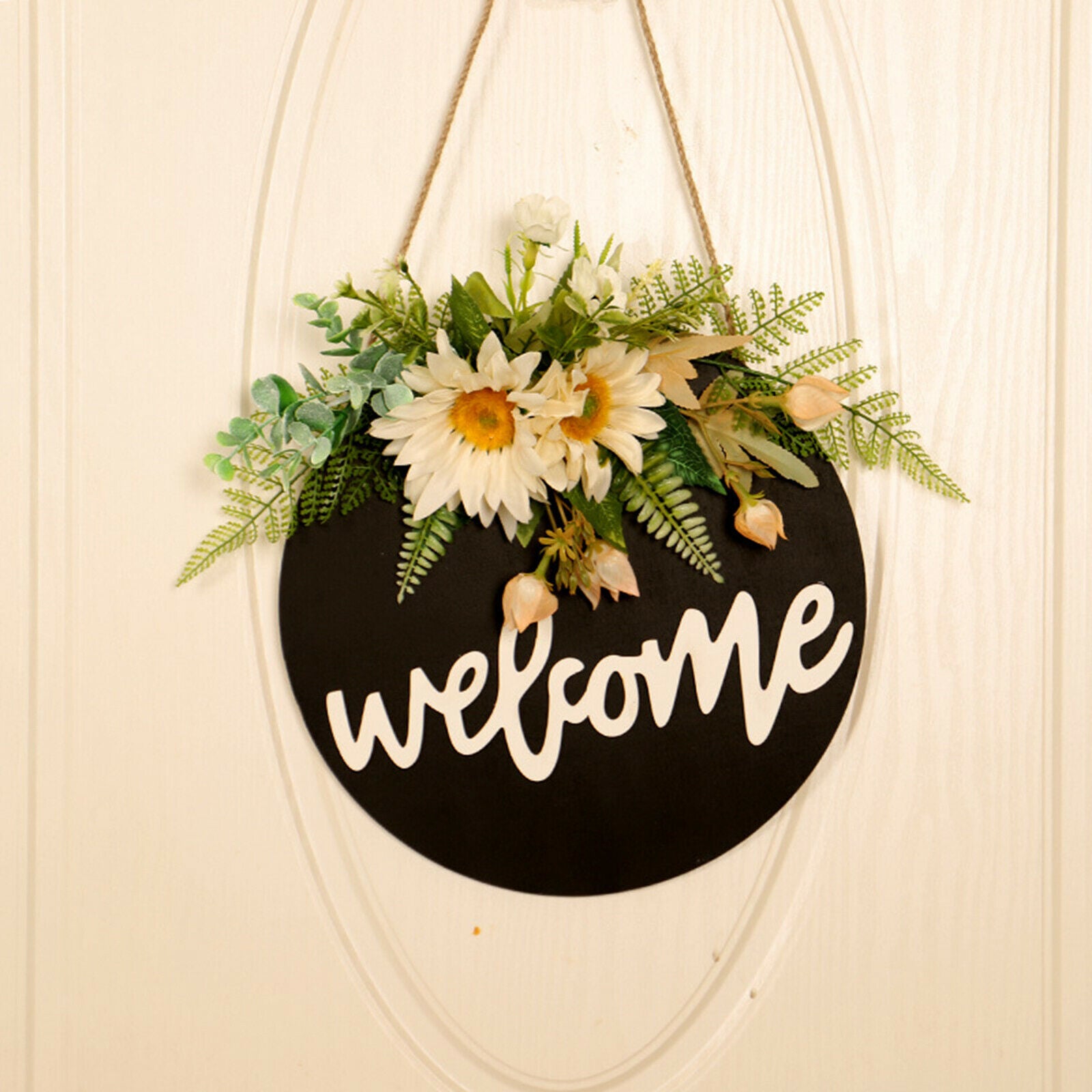 16'' Wood Welcome Sign Green Leaves Outdoor Front Door Decoration Accessory