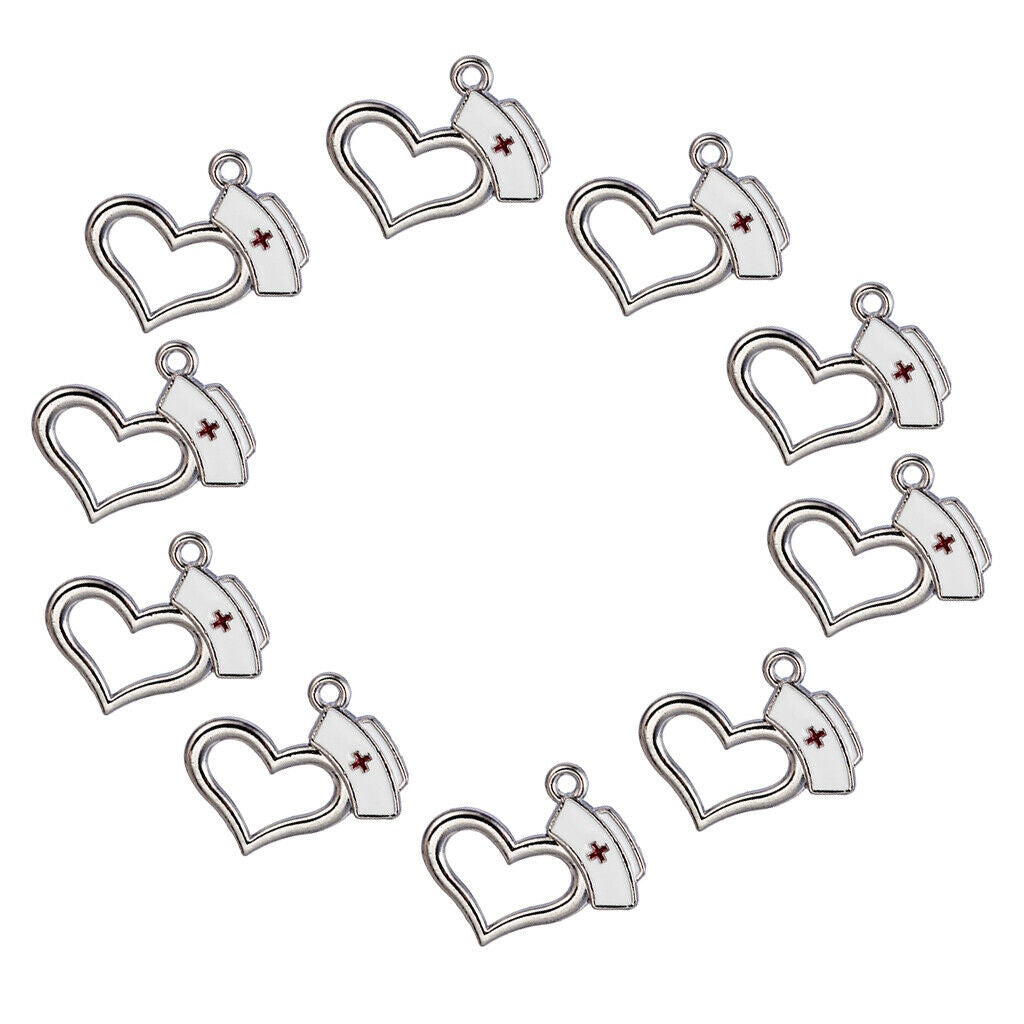 10Pcs Nurse   Charms Pendants Enamel Heart Charms for DIY Jewelry Making
