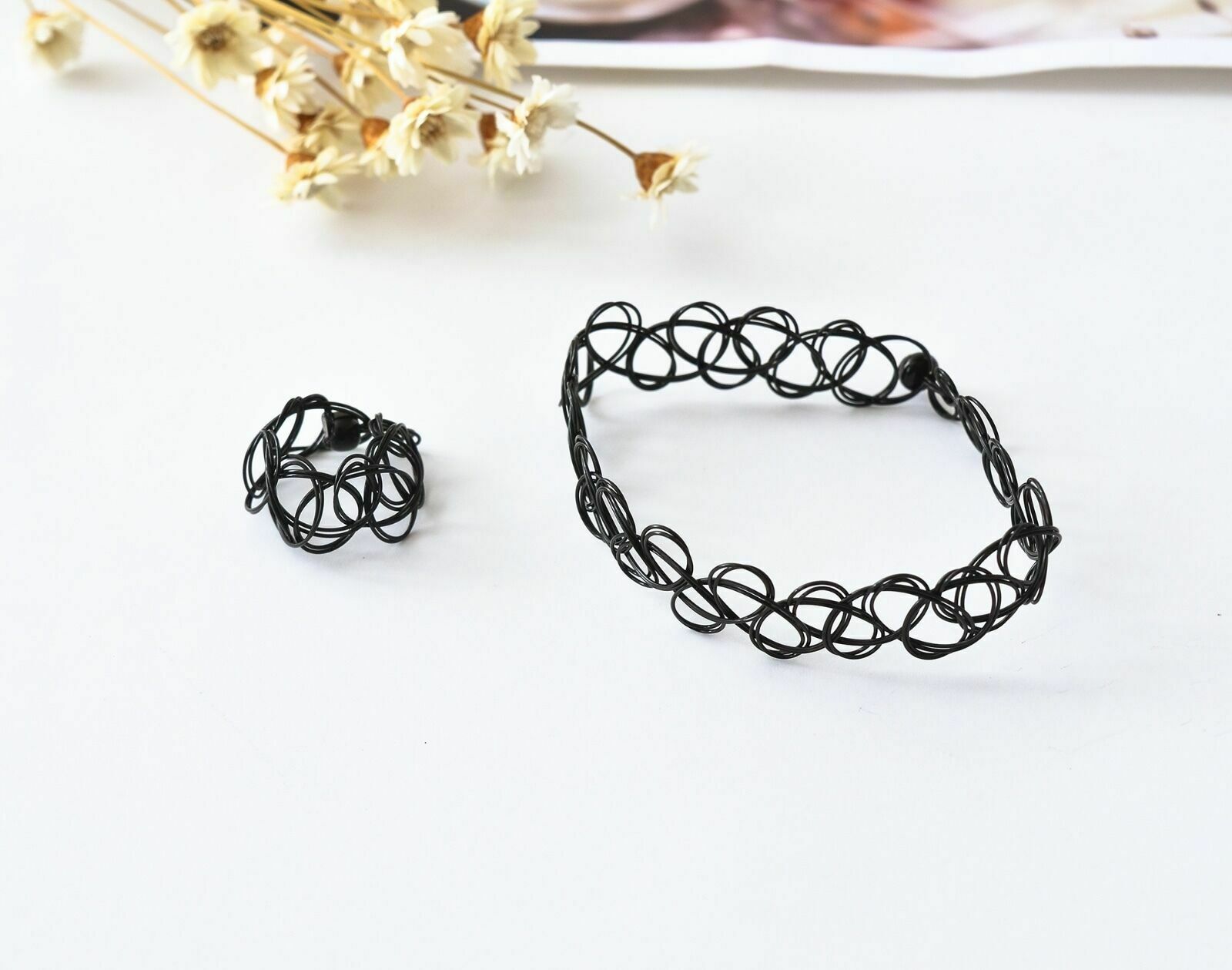 New Hot Tattoo Choker Stretch Necklace Set Black Cord Retro Henna Elastic Gothic
