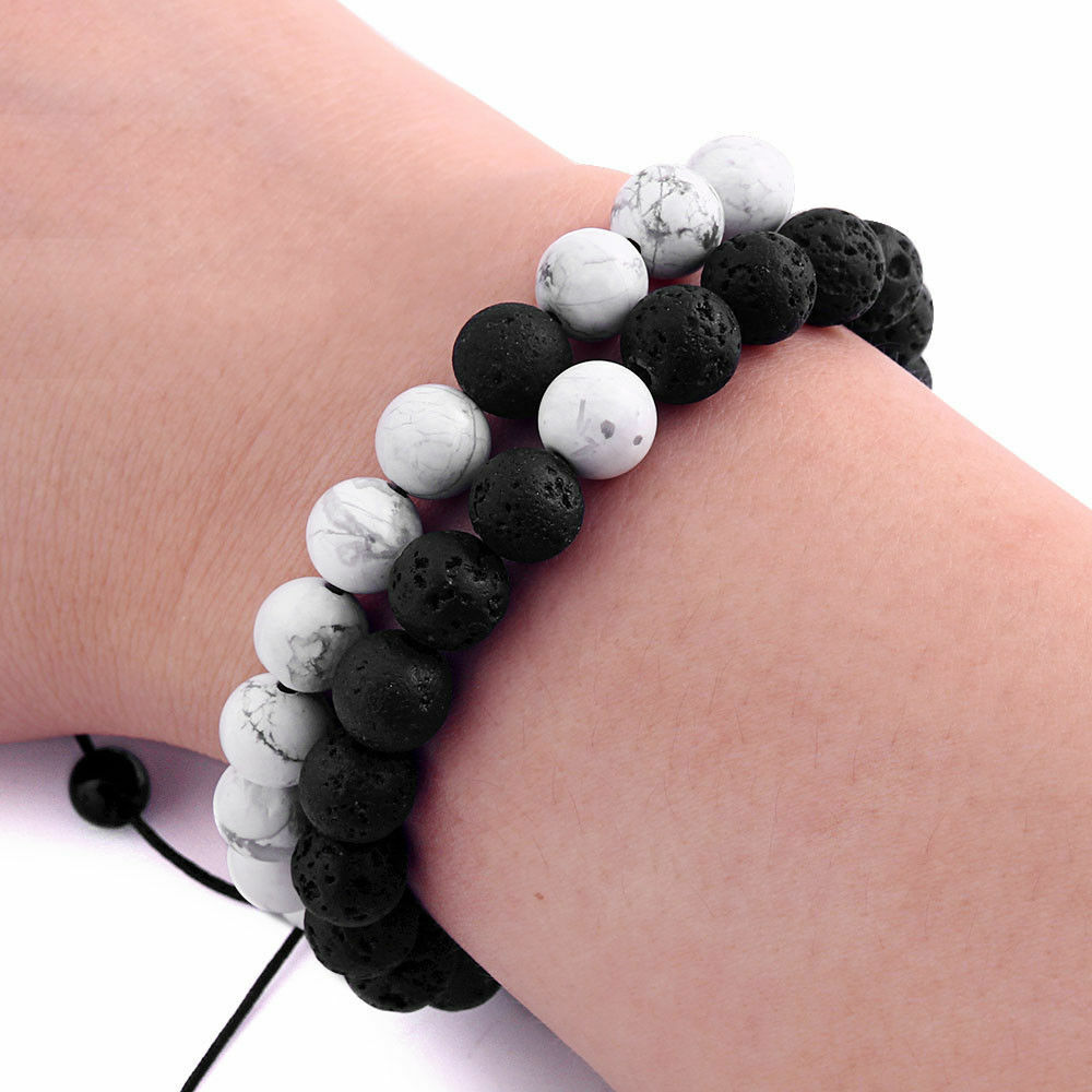Distance Braided Bracelet Relationship Jewelry Natural Black/White Stone 2PCS