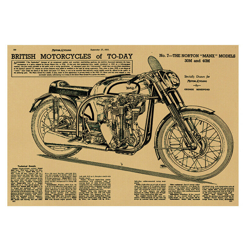 1pc Motorcycle Retro Kraft Paper Poster Sketch Home Decor Painting Wall S.l8