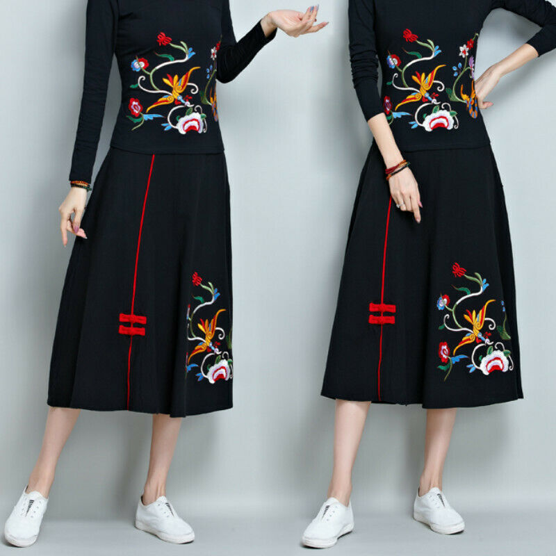 Lady Chinese Floral Embroidery Skirt Midi Ethnic Cotton Linen Hippie Retro