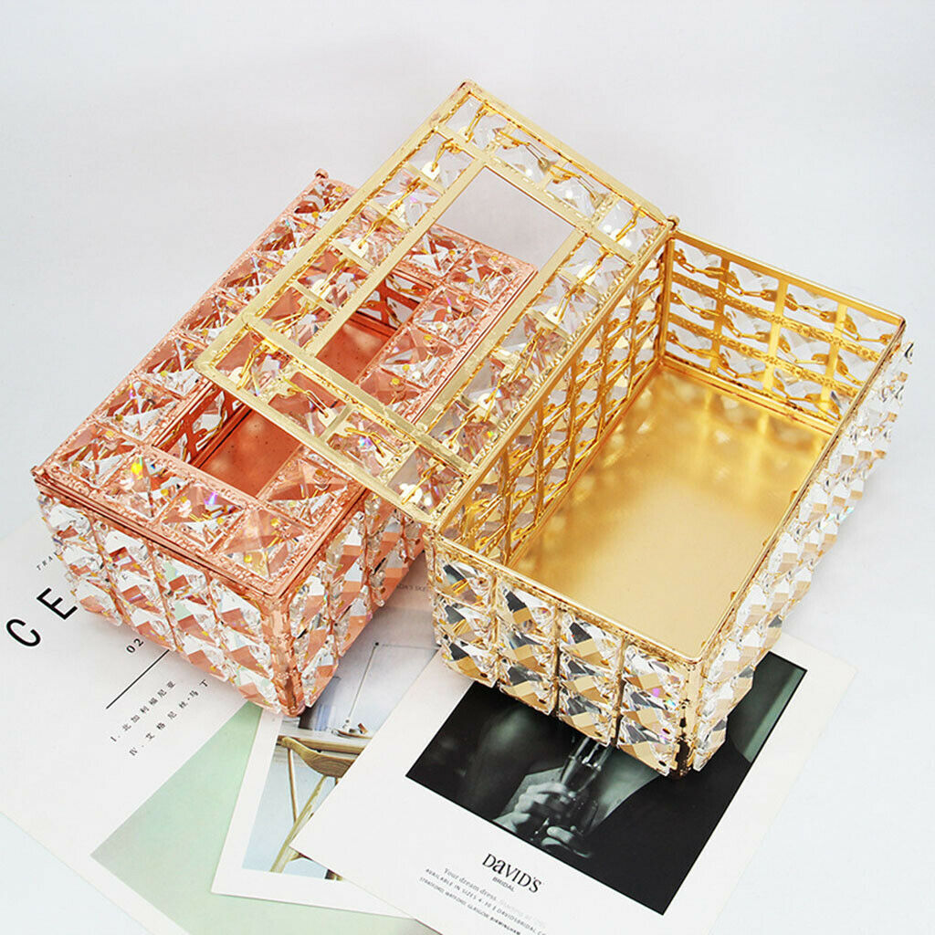 Rectangular Crystal Facial Tissue Box Cover Metal Holder for Desk Table Rose