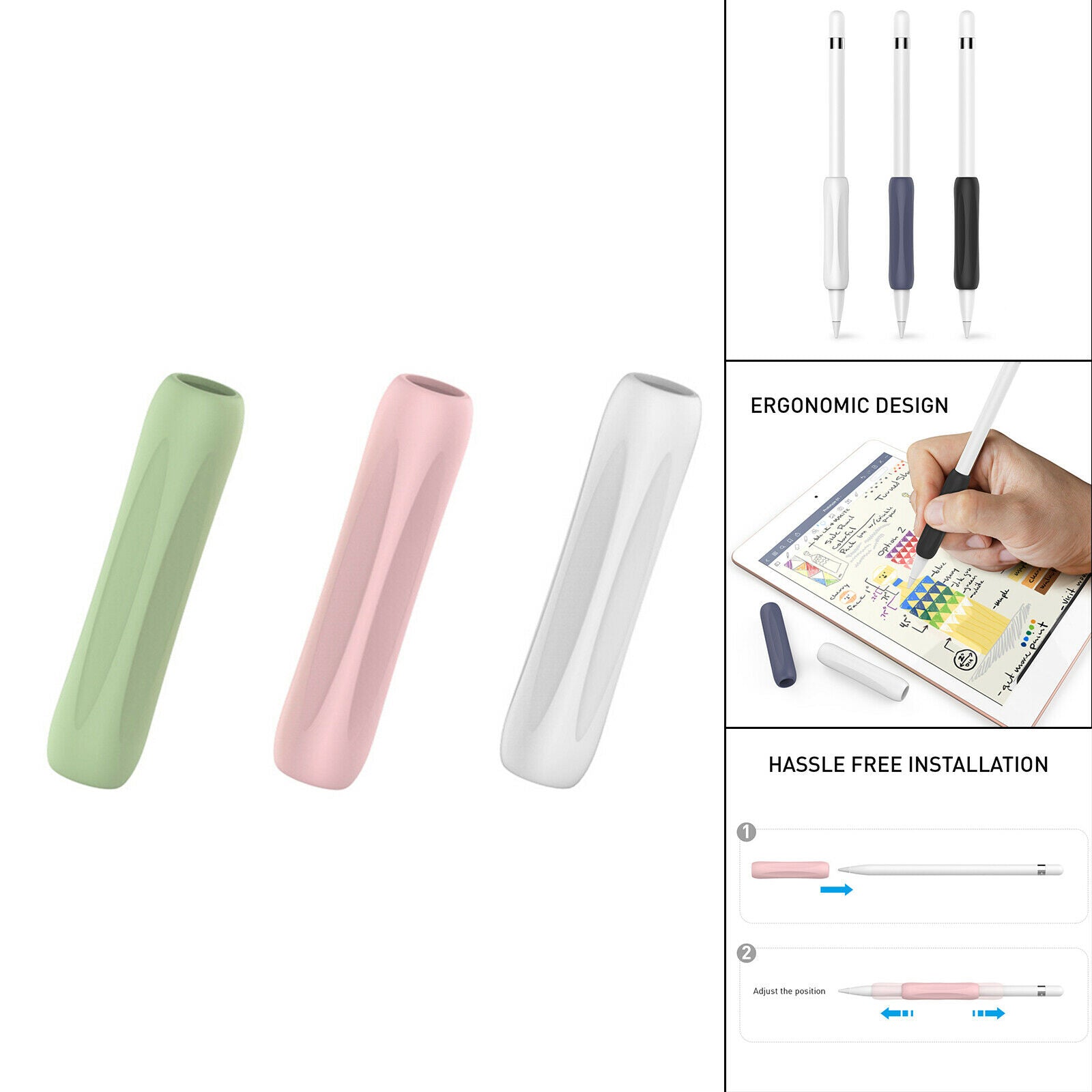 3x Touch Screen Pen Cover Sleeve Case Anti-Slip Grip Pink Green White