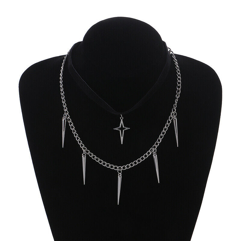Fashion Punk Double-layer Cone Pendant Necklace Choker Jewelry Accessori.l8