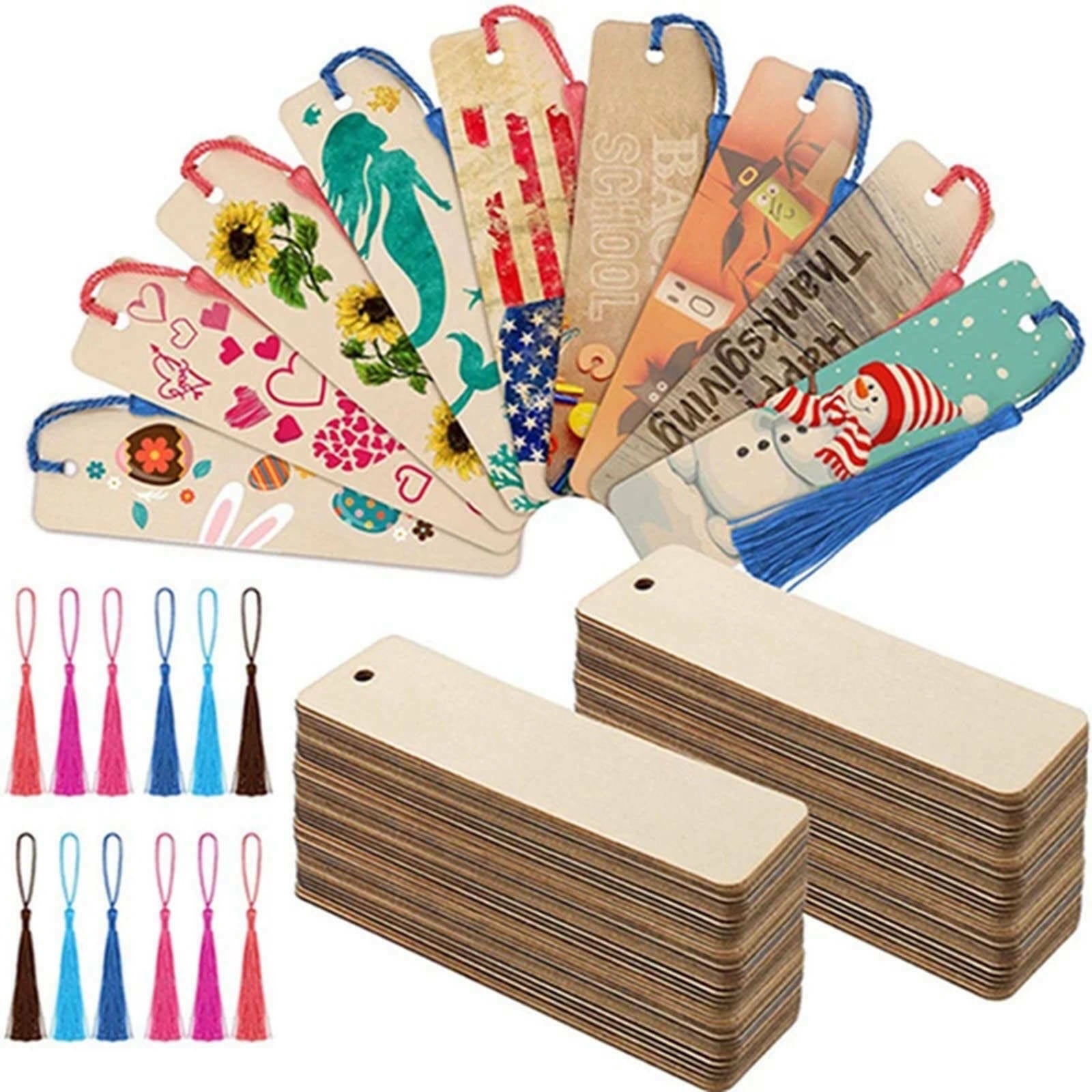 20x Unfinished Wooden Blank Bookmarks Crafts Thin Label with Tassels for