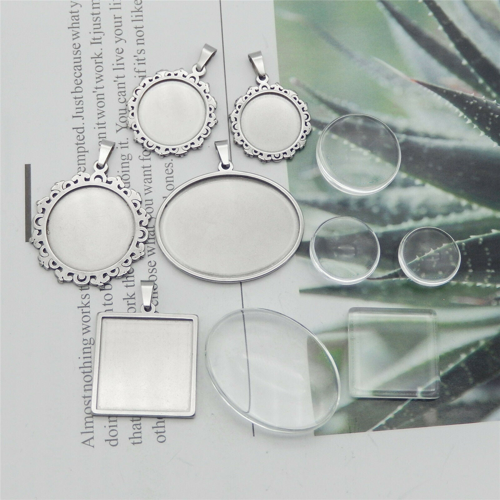 5 Mix Stainless Steel Bezel Frames with Glass Cabochons Photo Art Pendant DIY