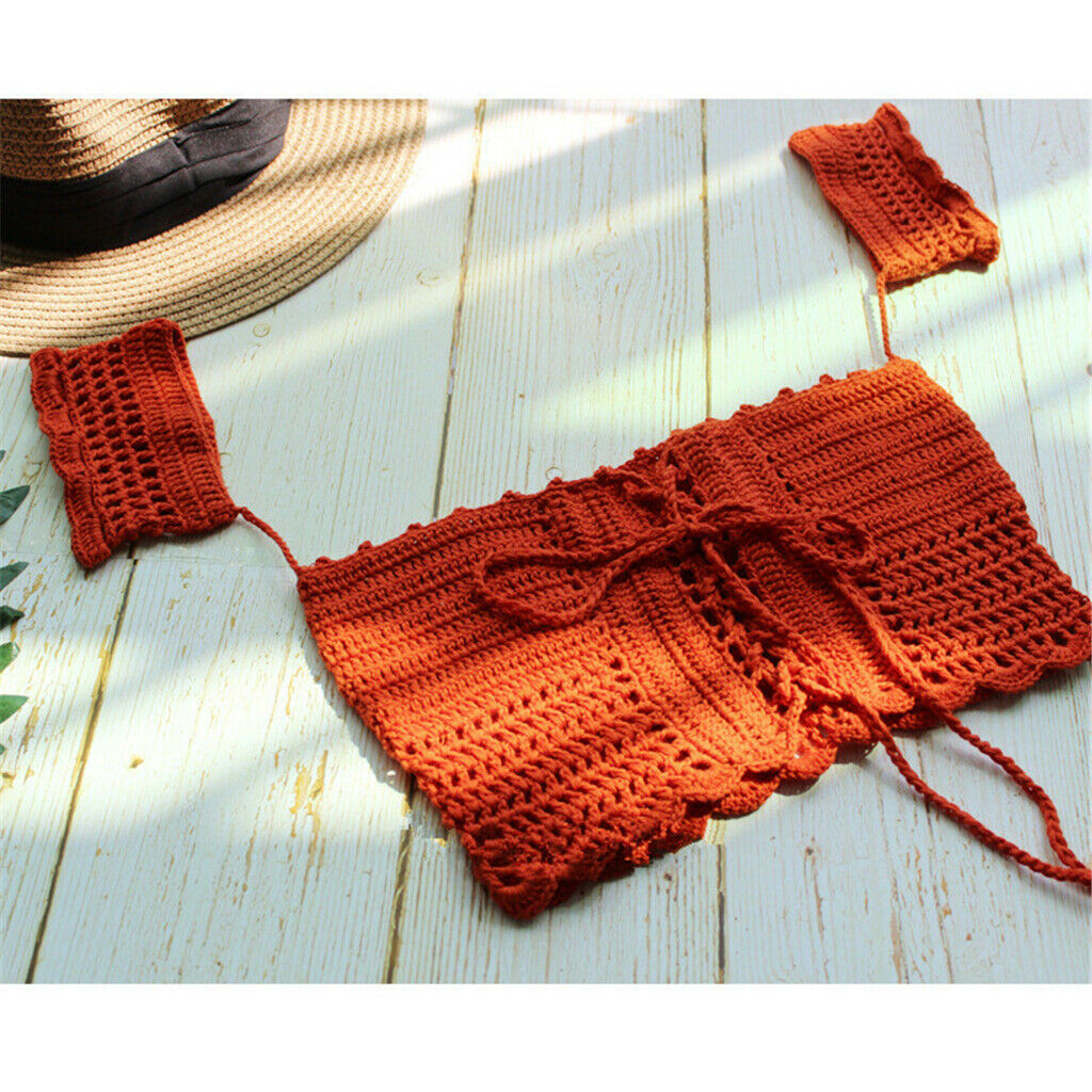 Women's Bandage Crochet Lace Knit Boho Beach Bikini Swimwear Crop Tops Red