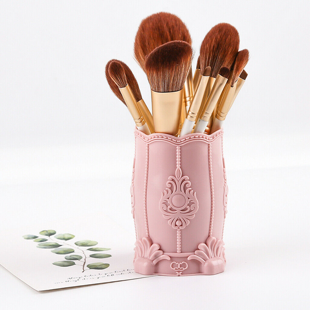 Embossed Makeup Brushes Holder Countertop Vanity Pen Organizer Cup Case Pink