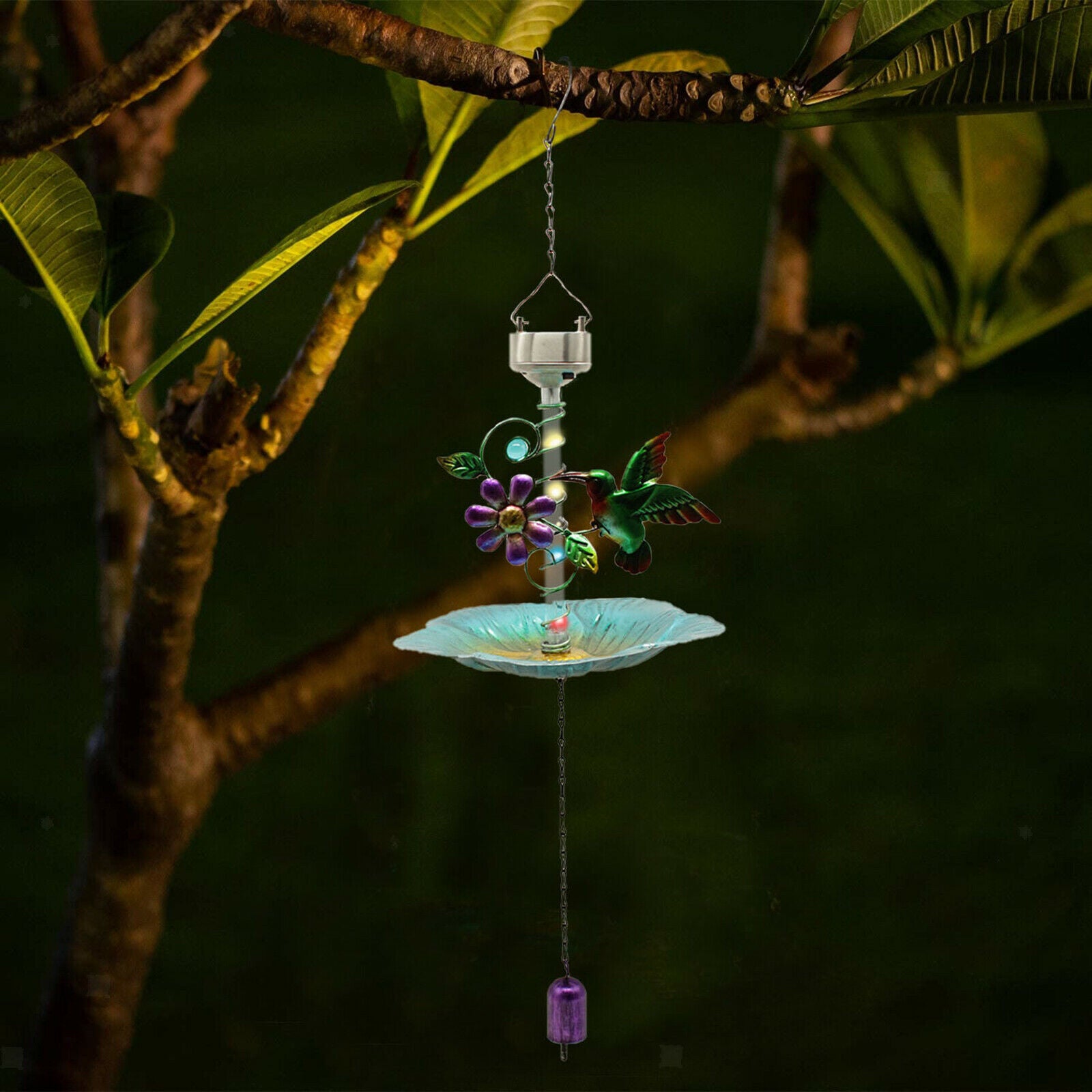 Solar Bird Feeder Outside w/ Bird and Flower Patio Ornament Waterproof