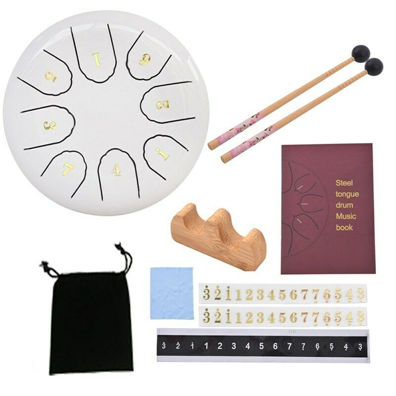 6" Steel Tongue Drum Handpan Drum 8 Notes White Meditation with Bag Music Book
