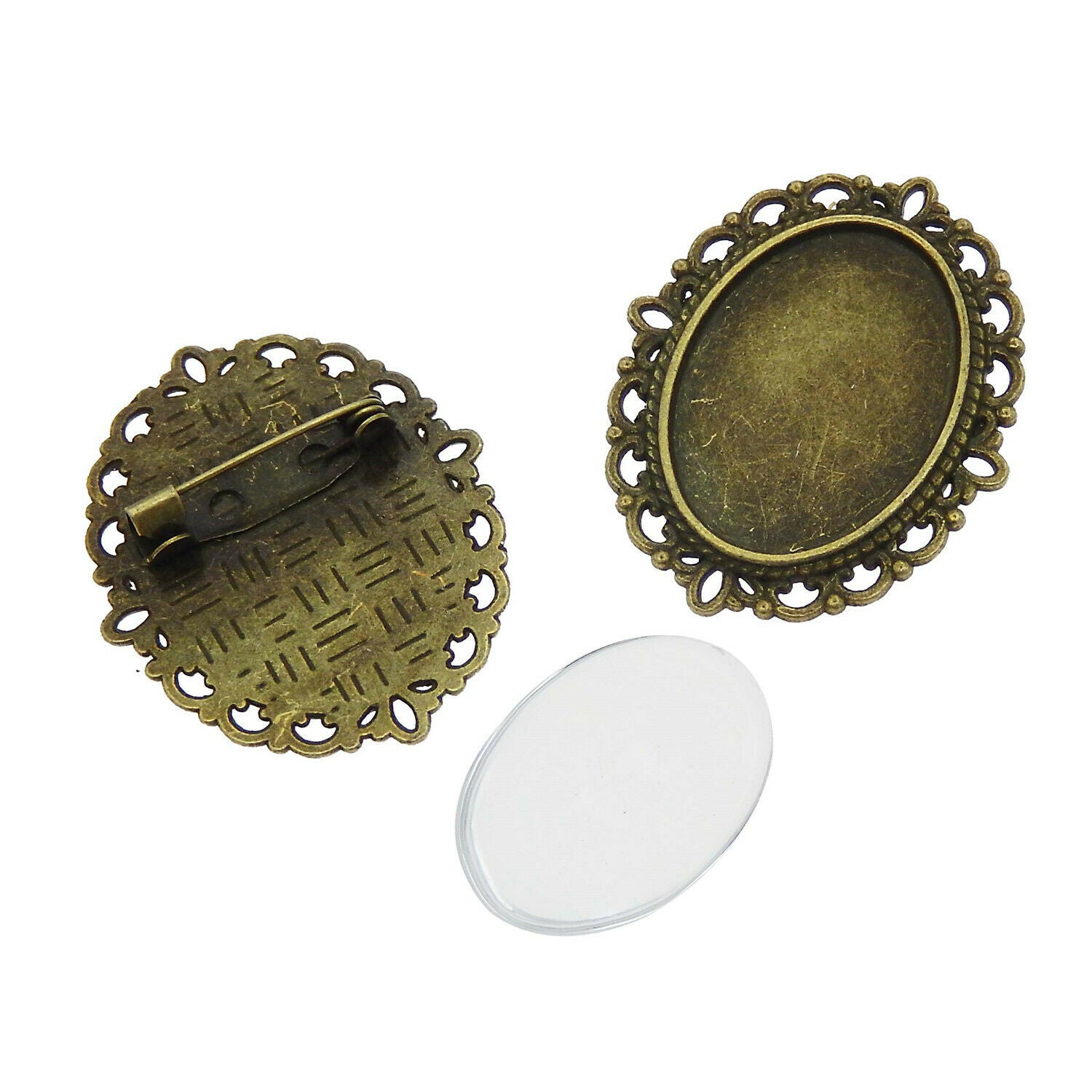 2Sets Alloy Bronze Oval Base w/ 25x18mm Glass Cameo Cabs Brooch DIY Accessories