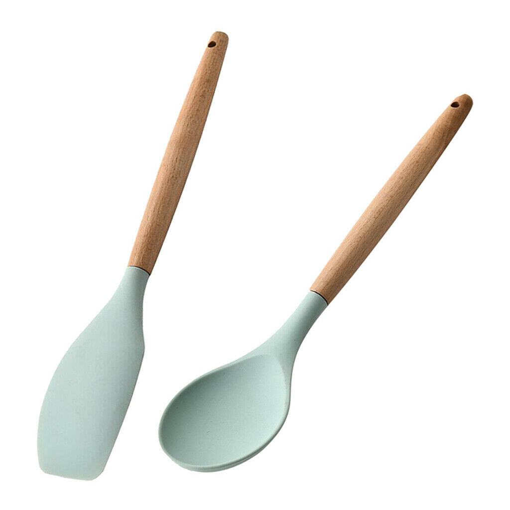 Spoon & Spatula Utensils Set Heat Resistant with Natural Wooden Handle