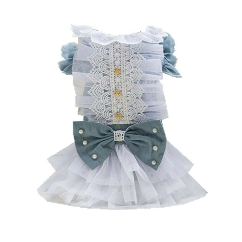 Dog Wedding Dress Denim Lace Stitch Dress Clothes Bownot Princess Skirt M