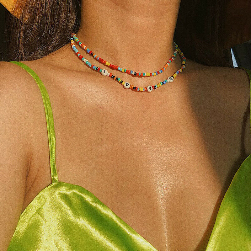 Boho Women Handmade DIY Beaded Letter Choker Necklace Charm Chain Jewelry Gif Rf