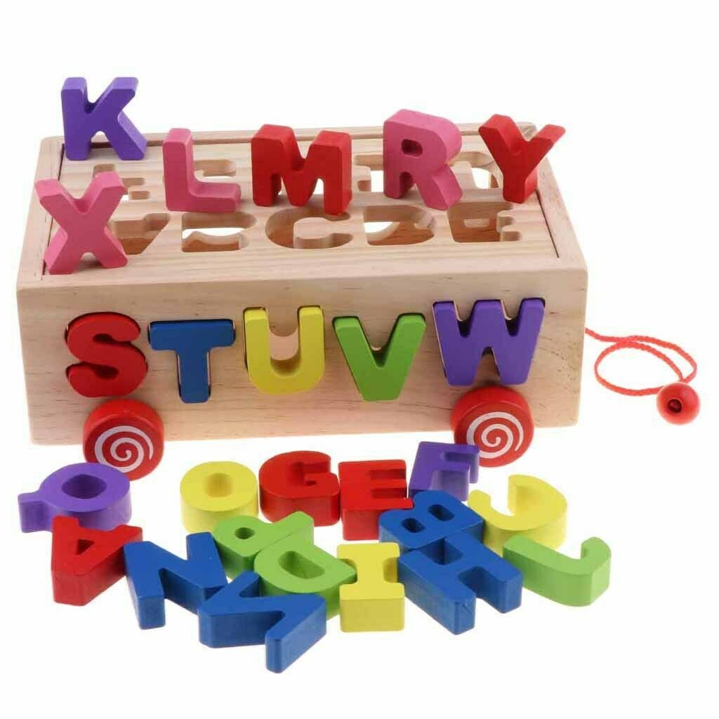 Wooden Shapes Sorter Bus Pull Along Car Early Development Toys for Toddlers