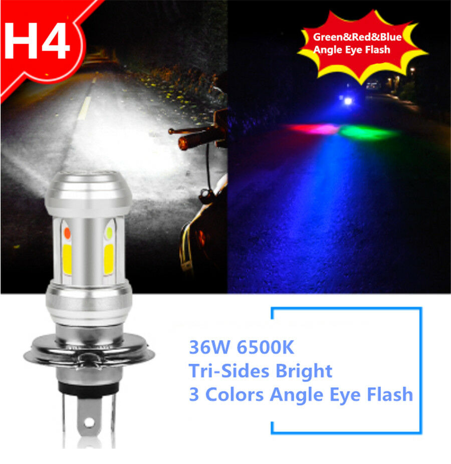 H4 LED Motorcycle Headlight Bulb 6500K High-Low Blue Red Green Angle Eye Light