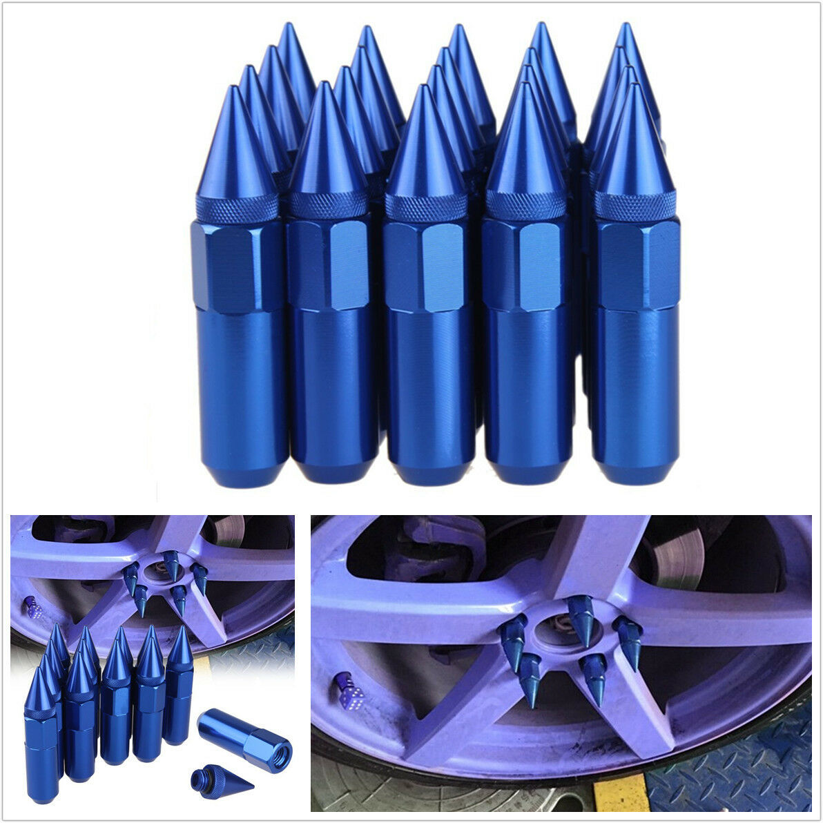 20Pcs Blue Aluminum Spiked Lugs Nuts Extended Tuner 60mm Wheels / Rims M12X1.5