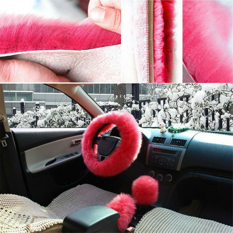 3 pcs/ set Fur Car Steering Wheel Cover Red Wine Color Wool Furry Three Season