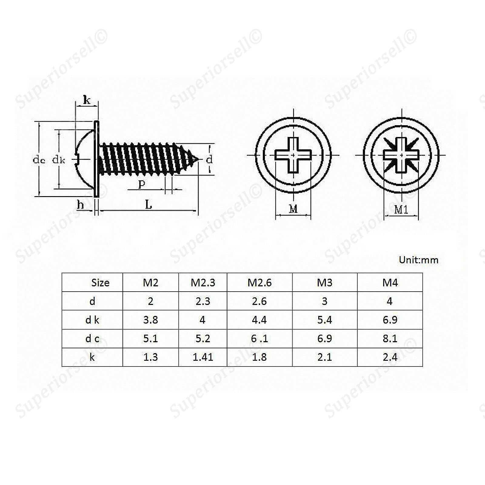 60Pcs M1.4* 3-10mm Phillips Pan Head Washers Self Tapping Screws Kit Ni Plated